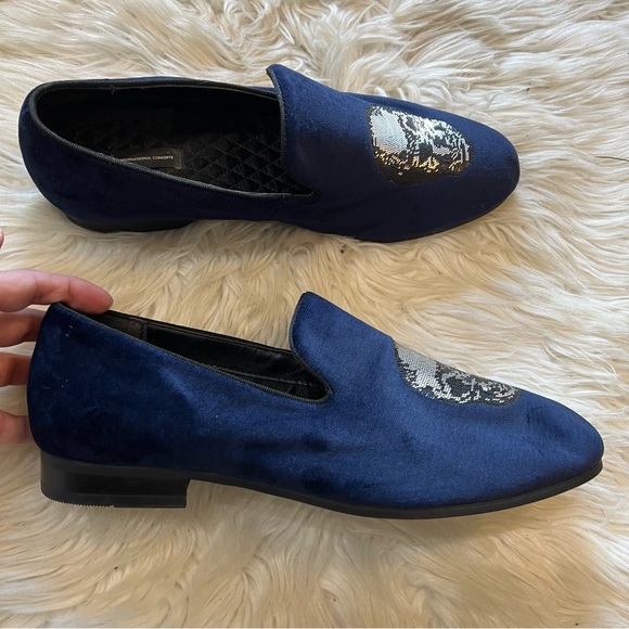 INC International Concepts Navy Blue Velvet & Sequin Skull Graphic Nova Loafers - Picture 3 of 9